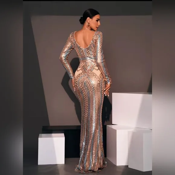 Gold and Blue Bodycon Gown with Plunge Neckline
